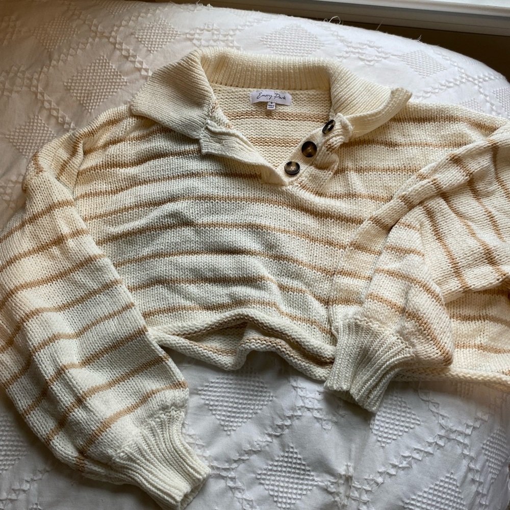 Grey Bandit Emory Park Cream and Tan Striped Turtleneck Sweater
